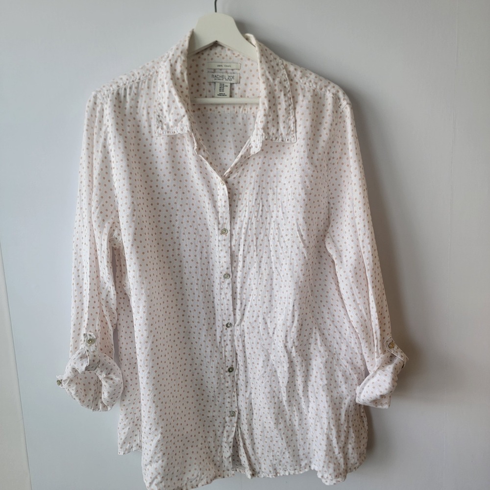 Rachel zoe women's polka dot 100% linen shirt size XL roll-tab button up beachy